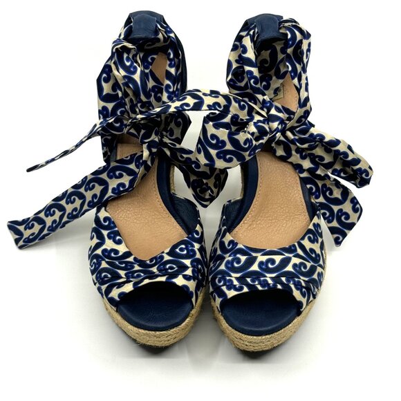 UGG Women's Lucianna Marrakech Night Silk Tie Blue/Cream Peep-Toe Wedge Size 8.5 - Picture 2 of 14